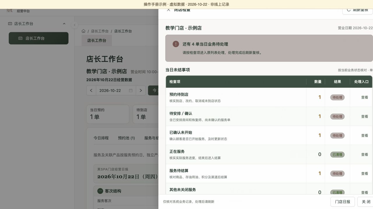 闭店检查：按当日未结事项逐项进入原单处理，虚拟数据演示